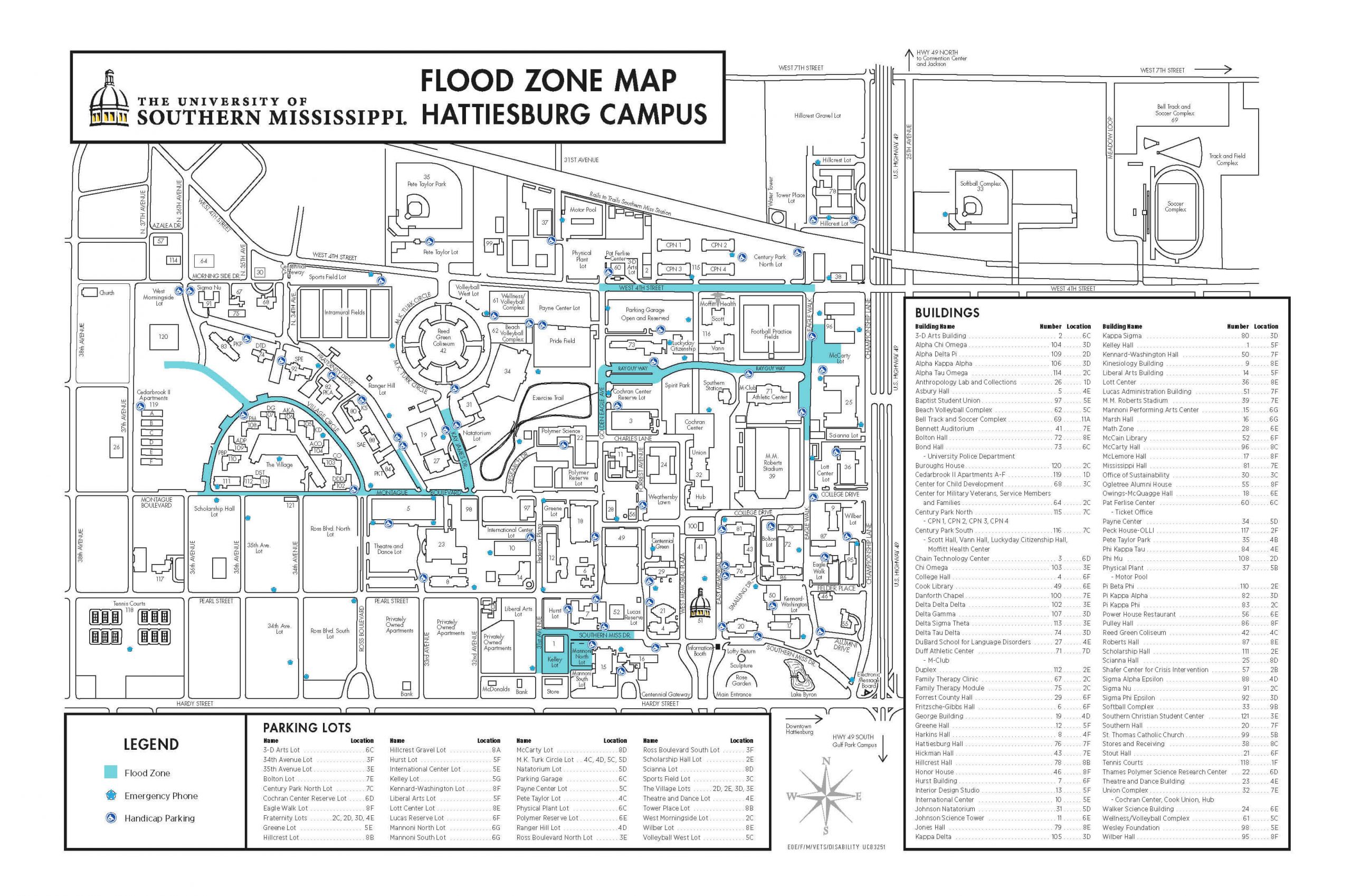 Flood zones on the Hattiesburg campus