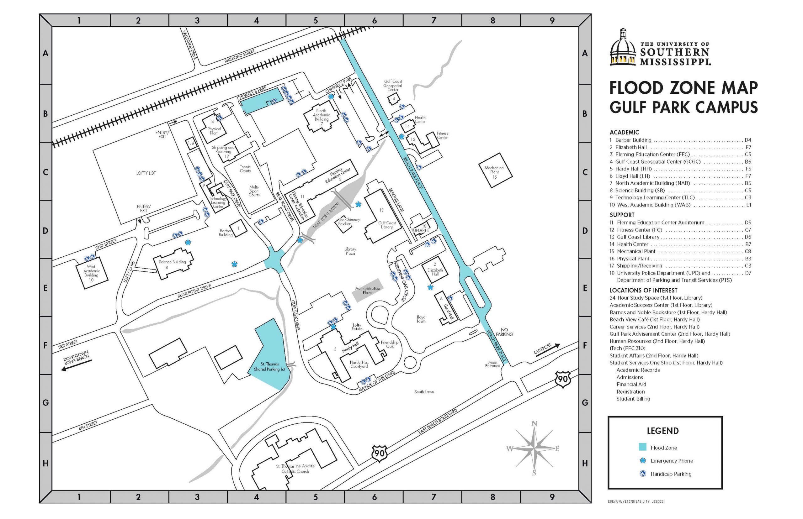 Flood zones on the Gulf Park campus